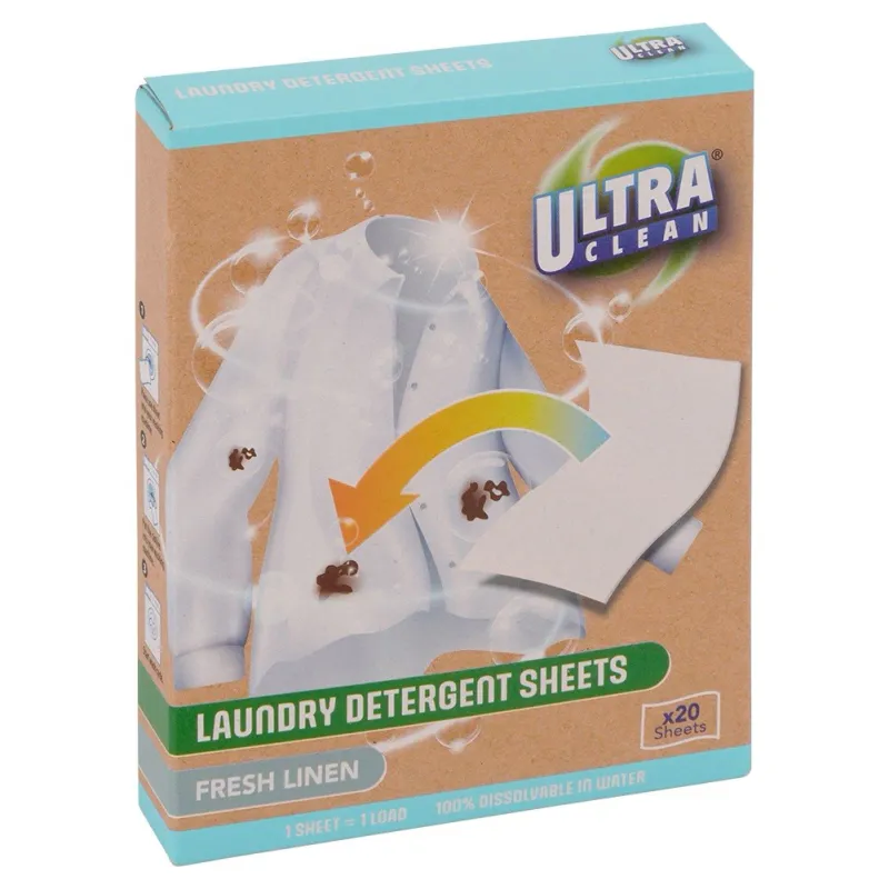Ultra Clean Vaskemiddelark 20stk | Løselige Ark | Effektiv Klesvask